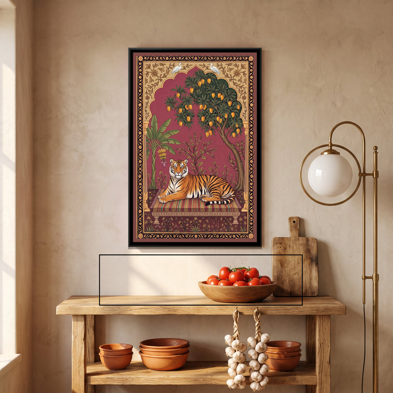 Bengal Tiger under a Mango-Tree Arch in Rose Madder - canvas art shown in a second room setting