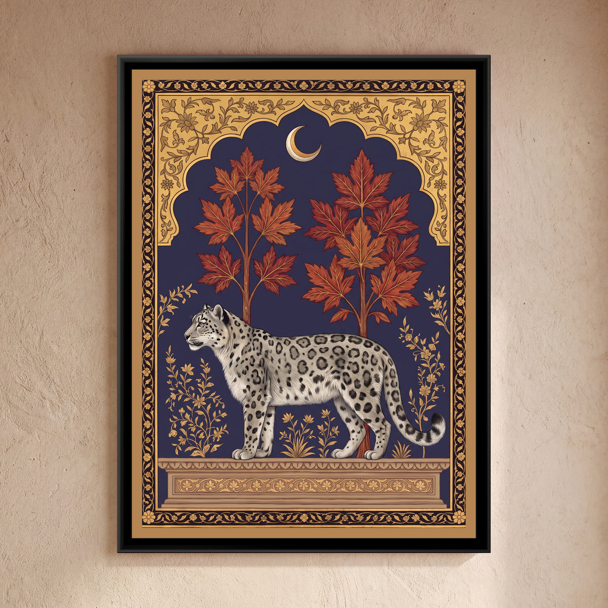 Snow Leopard under a Chinar Arch in Deep Indigo - framed canvas art hung on a wall