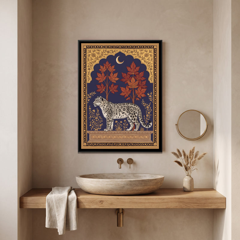 Snow Leopard under a Chinar Arch in Deep Indigo - canvas art shown in a styled room