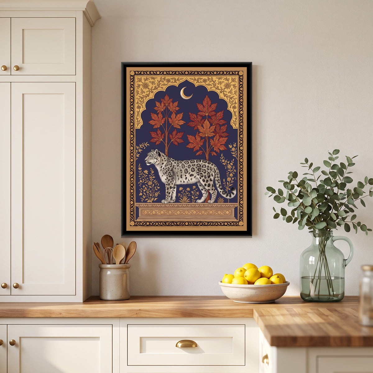 Snow Leopard under a Chinar Arch in Deep Indigo - canvas art shown in a second room setting