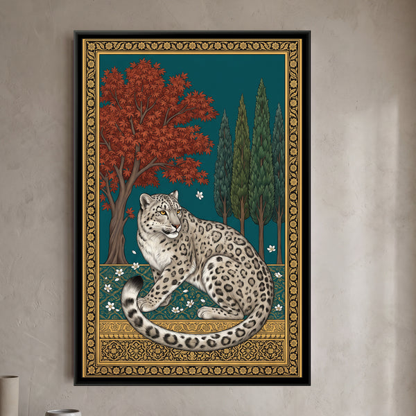 Snow Leopard under a Chinar Arch in Deep Teal