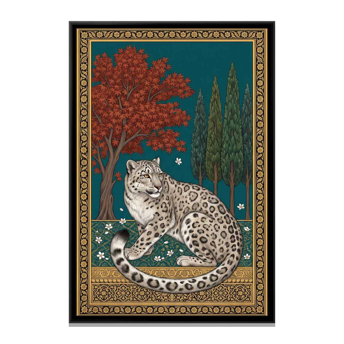 Snow Leopard under a Chinar Arch in Deep Teal - framed canvas print, front view