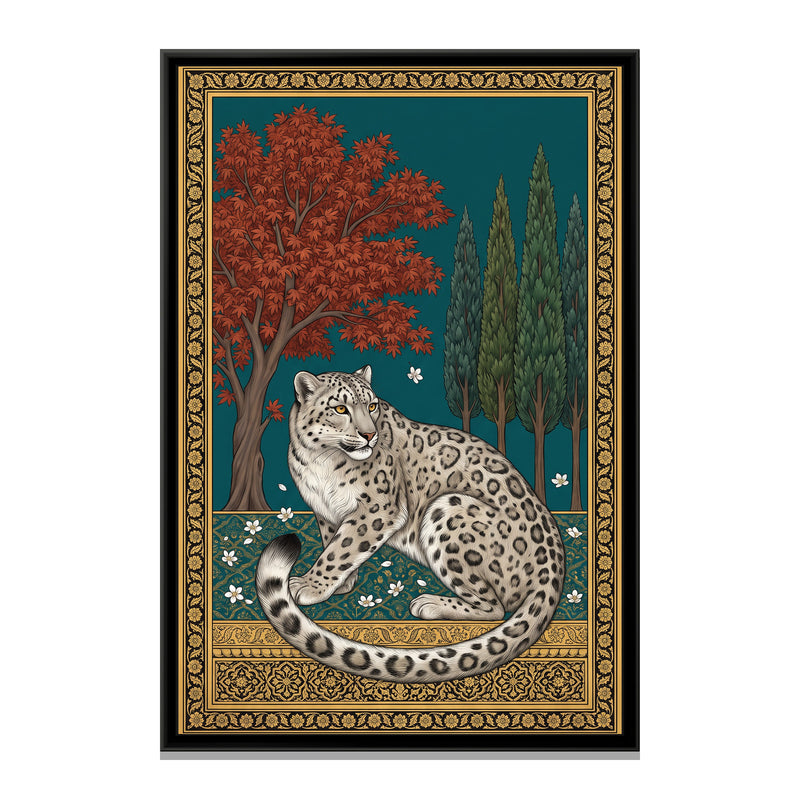 Snow Leopard under a Chinar Arch in Deep Teal - framed canvas print, front view