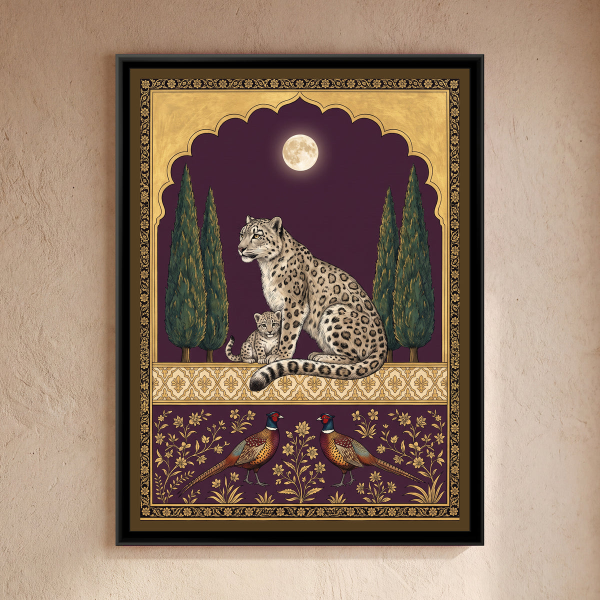 Snow Leopard under a Chinar Arch in Deep Plum - framed canvas art hung on a wall