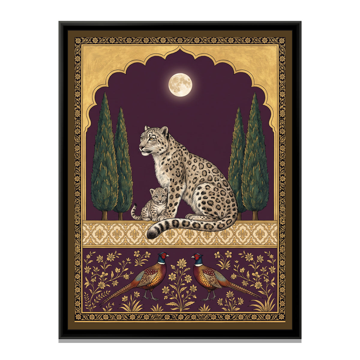 Snow Leopard under a Chinar Arch in Deep Plum - framed canvas print, front view