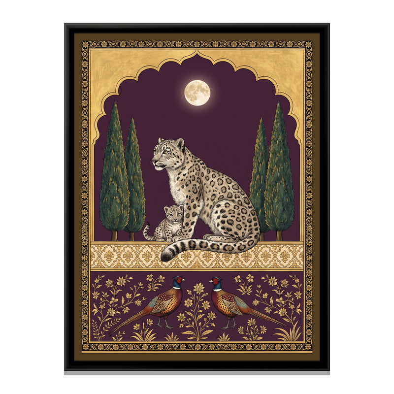 Snow Leopard under a Chinar Arch in Deep Plum - framed canvas print, front view