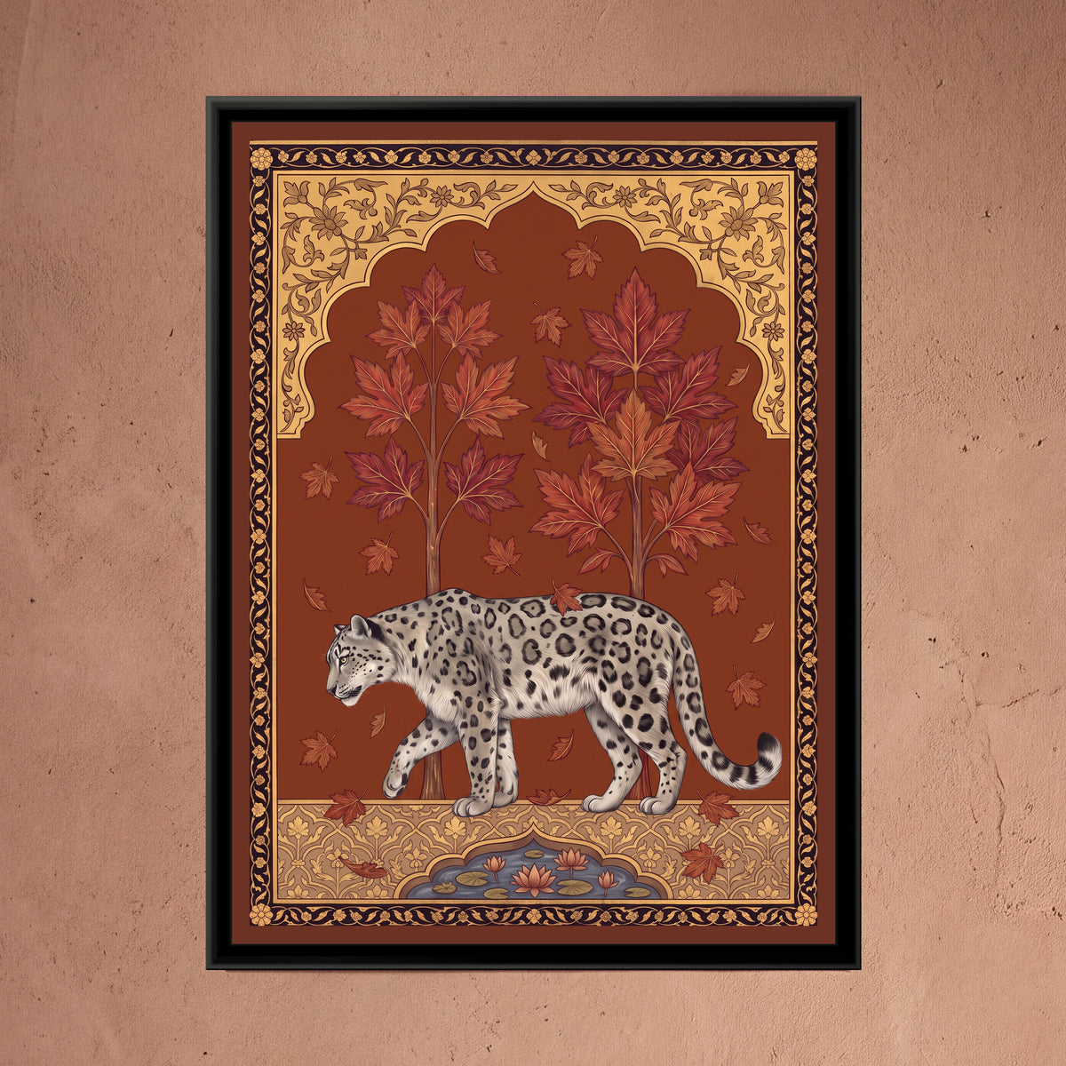 Snow Leopard under a Chinar Arch in Deep Ochre - framed canvas art hung on a wall