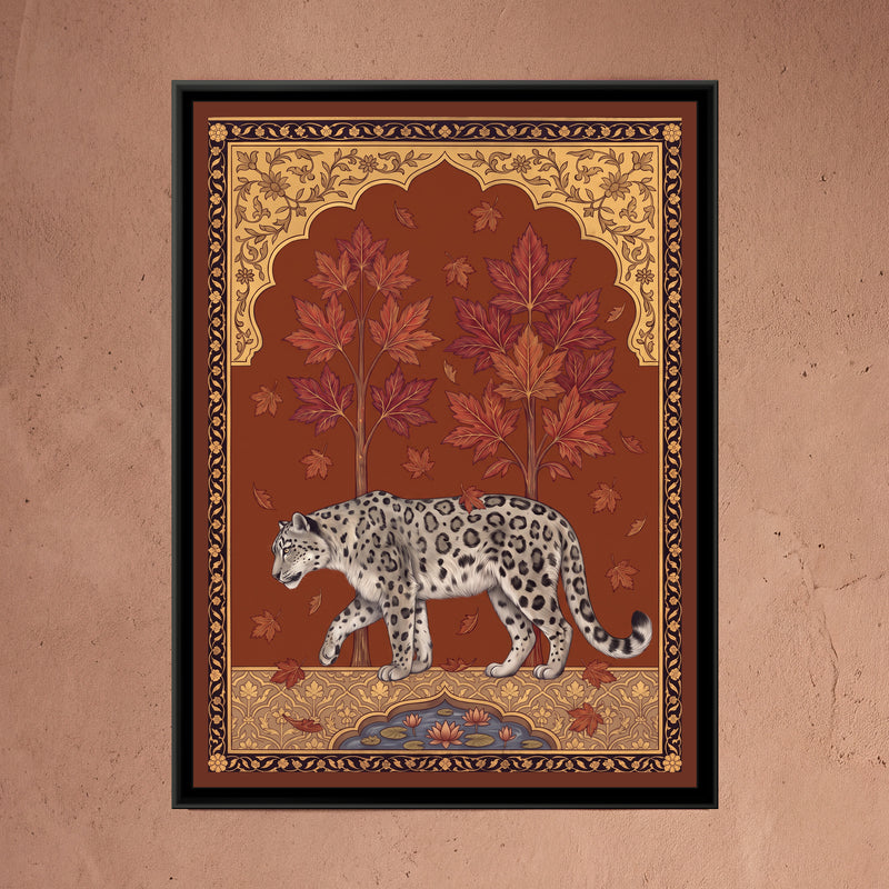 Snow Leopard under a Chinar Arch in Deep Ochre - framed canvas art hung on a wall