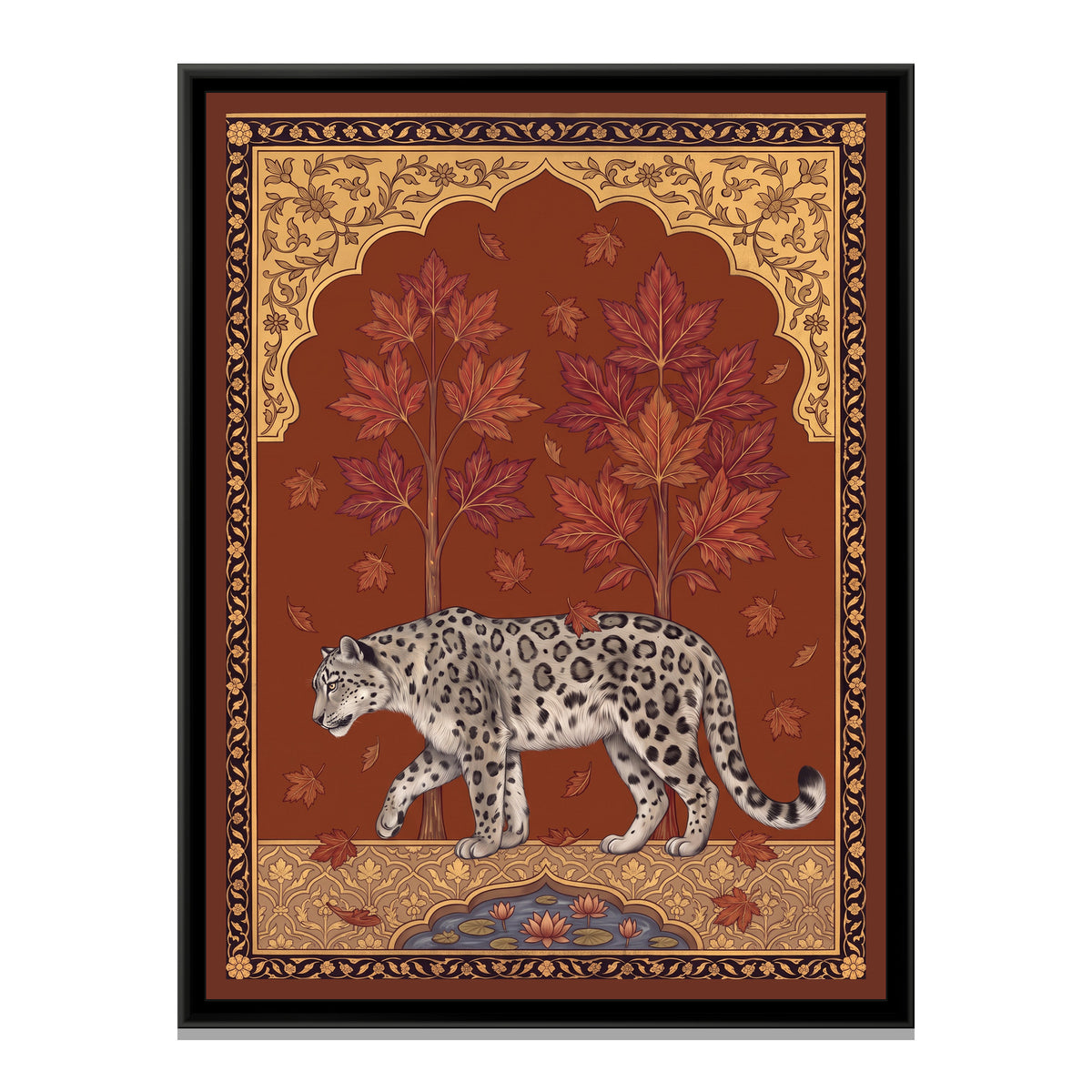 Snow Leopard under a Chinar Arch in Deep Ochre - framed canvas print, front view