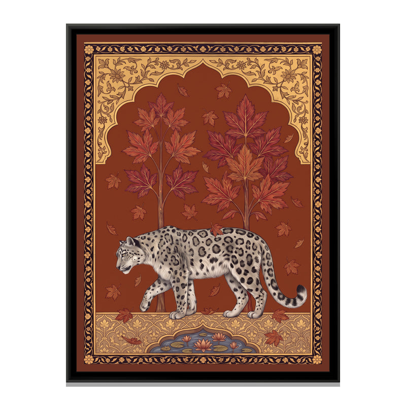 Snow Leopard under a Chinar Arch in Deep Ochre - framed canvas print, front view