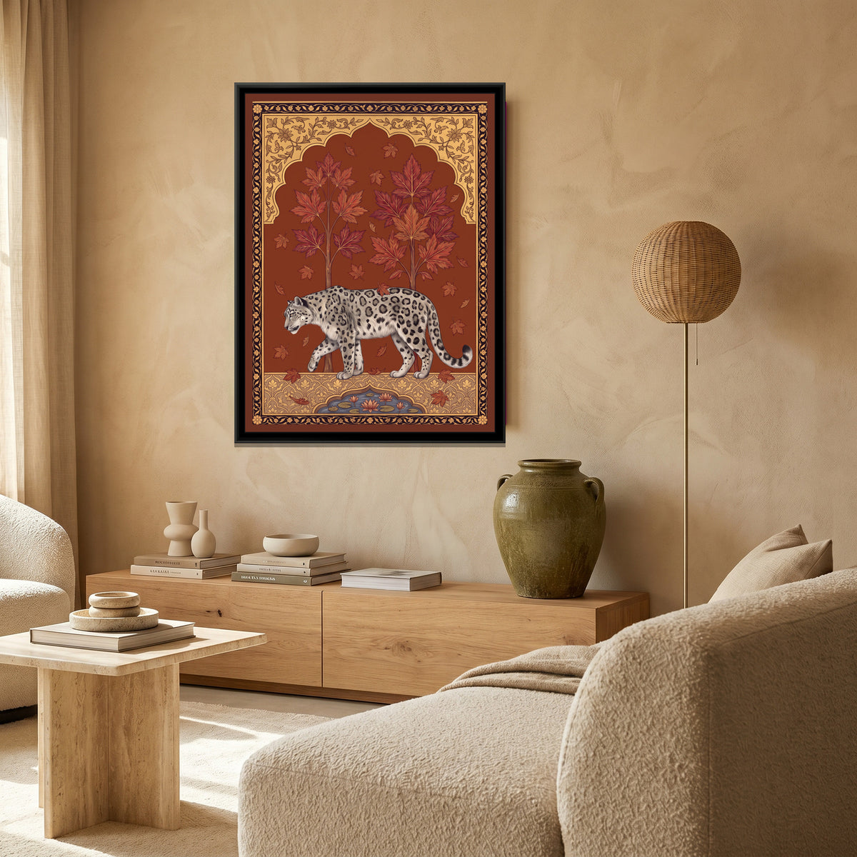 Snow Leopard under a Chinar Arch in Deep Ochre - canvas art shown in a second room setting