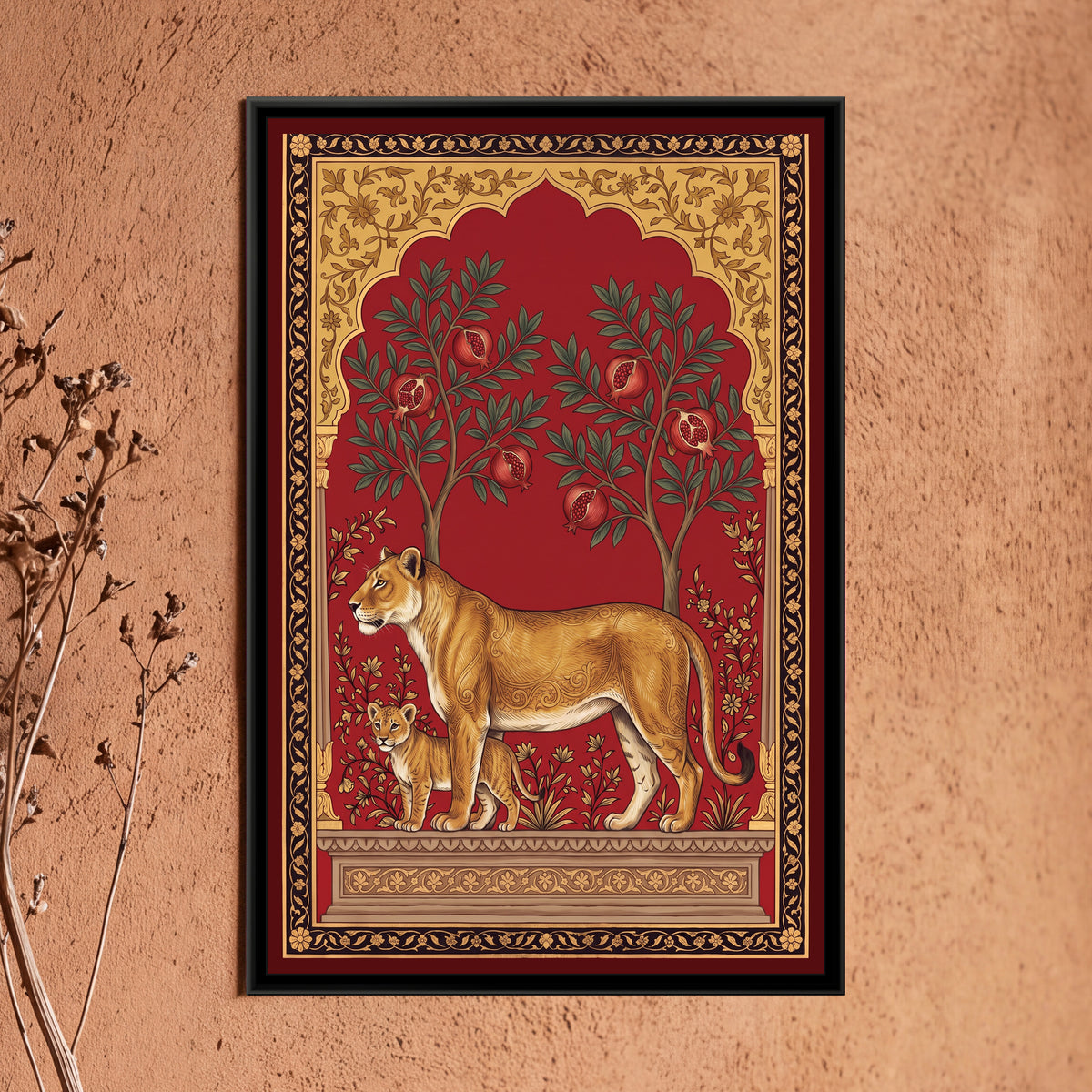 Lioness and Cub under a Pomegranate Arch in Crimson - framed canvas art hung on a wall