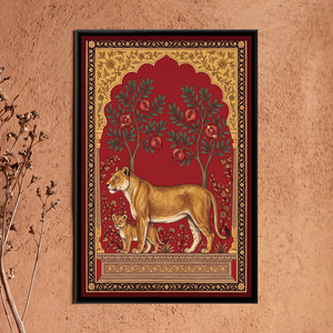 View 1 of Lioness and Cub under a Pomegranate Arch in Crimson