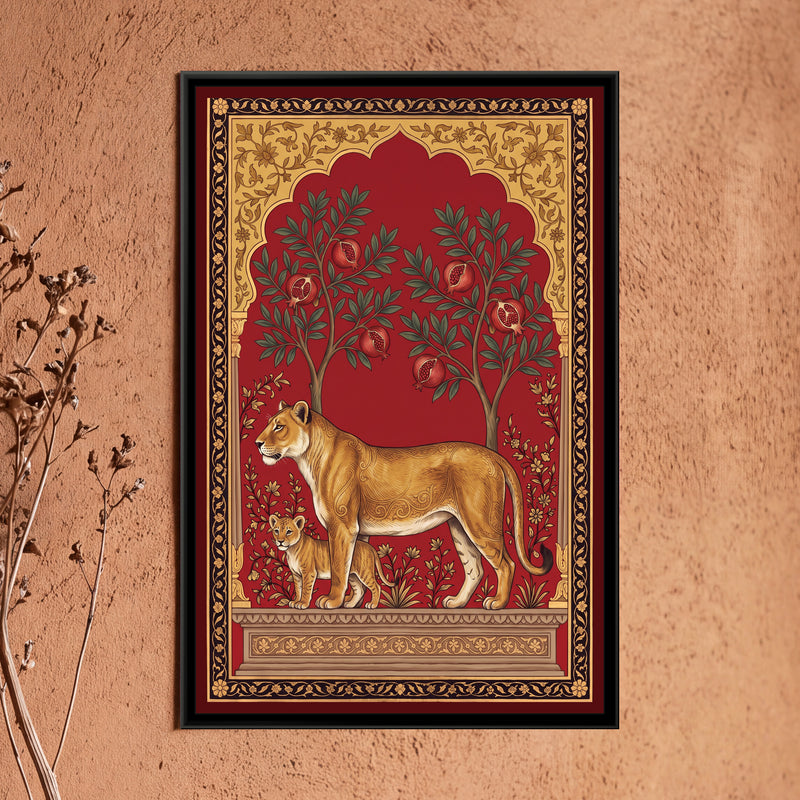 Lioness and Cub under a Pomegranate Arch in Crimson - framed canvas art hung on a wall