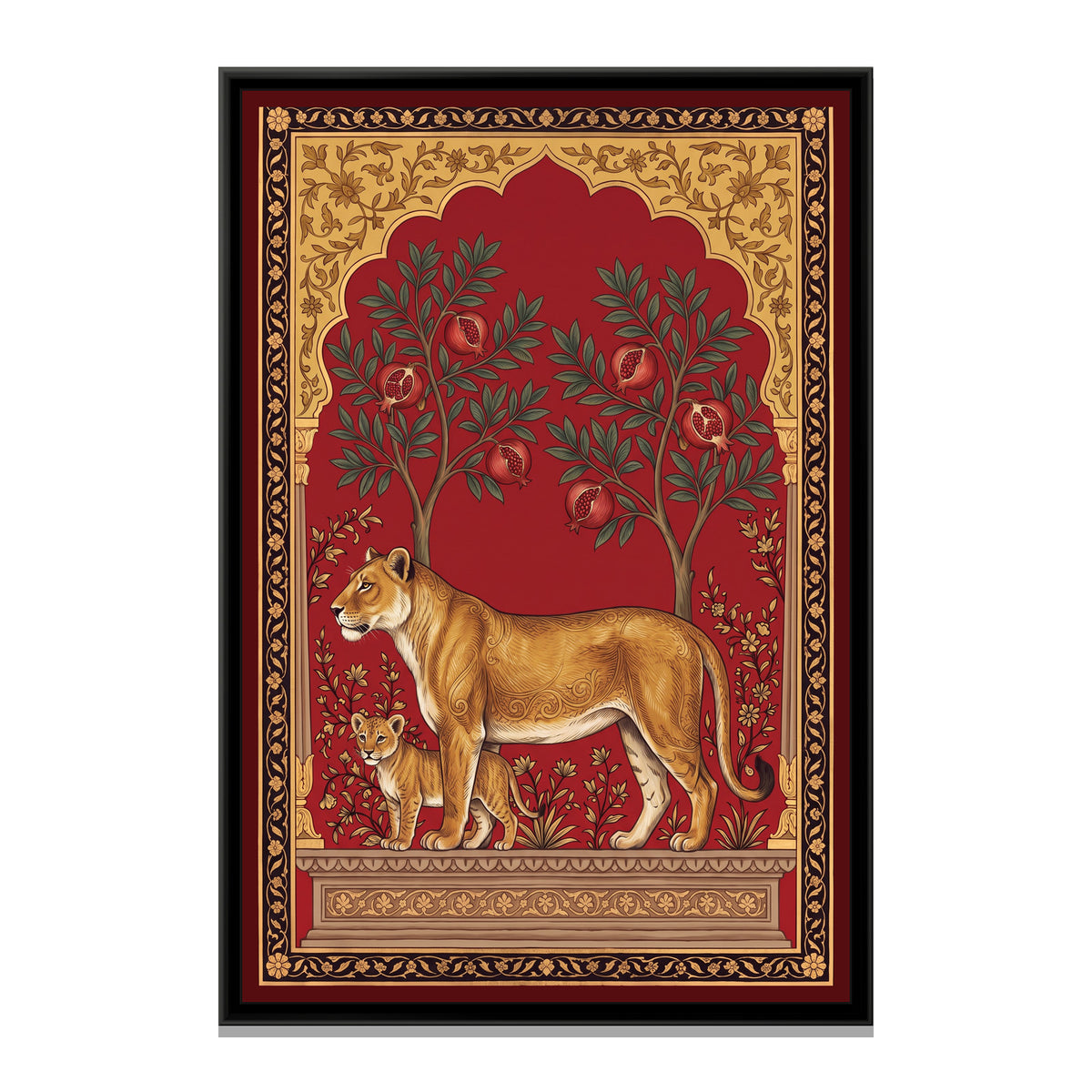 Lioness and Cub under a Pomegranate Arch in Crimson - framed canvas print, front view