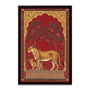 View 2 of Lioness and Cub under a Pomegranate Arch in Crimson