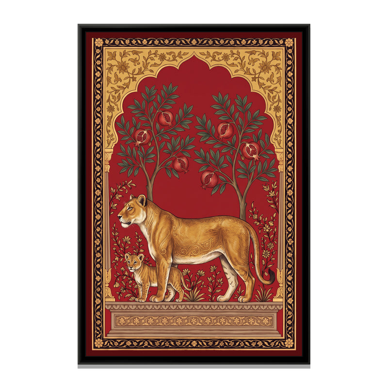 Lioness and Cub under a Pomegranate Arch in Crimson - framed canvas print, front view