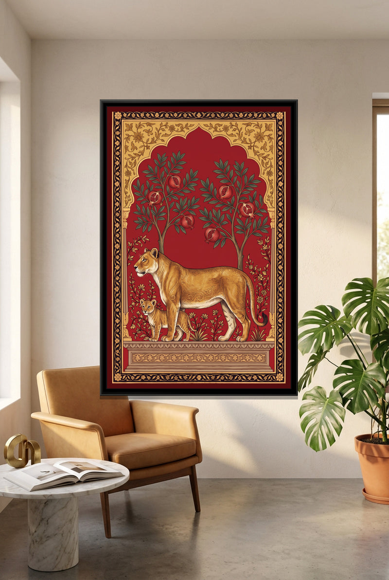 Lioness and Cub under a Pomegranate Arch in Crimson - canvas art shown in a styled room