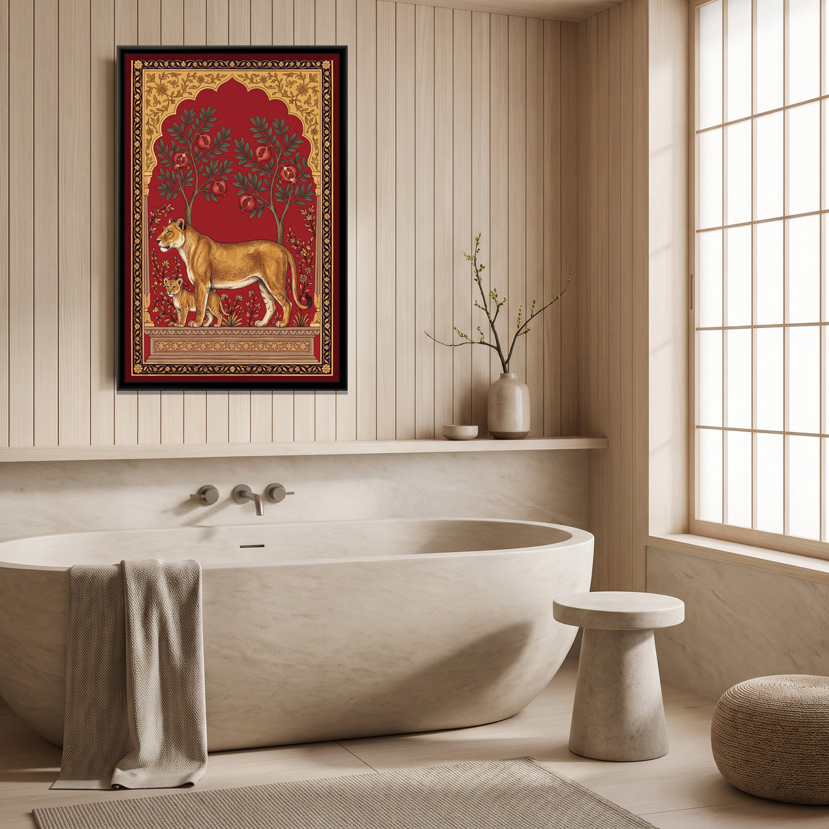 Lioness and Cub under a Pomegranate Arch in Crimson - canvas art shown in a second room setting