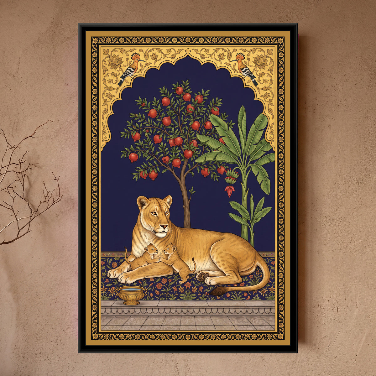 Lioness and Cub under a Pomegranate Arch in Deep Indigo - framed canvas art hung on a wall