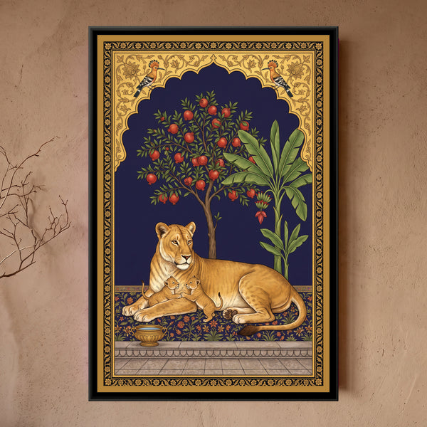 Lioness and Cub under a Pomegranate Arch in Deep Indigo