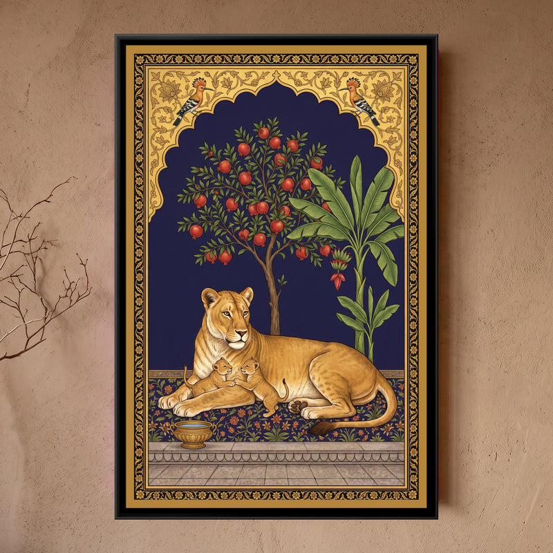 Lioness and Cub under a Pomegranate Arch in Deep Indigo - framed canvas art hung on a wall