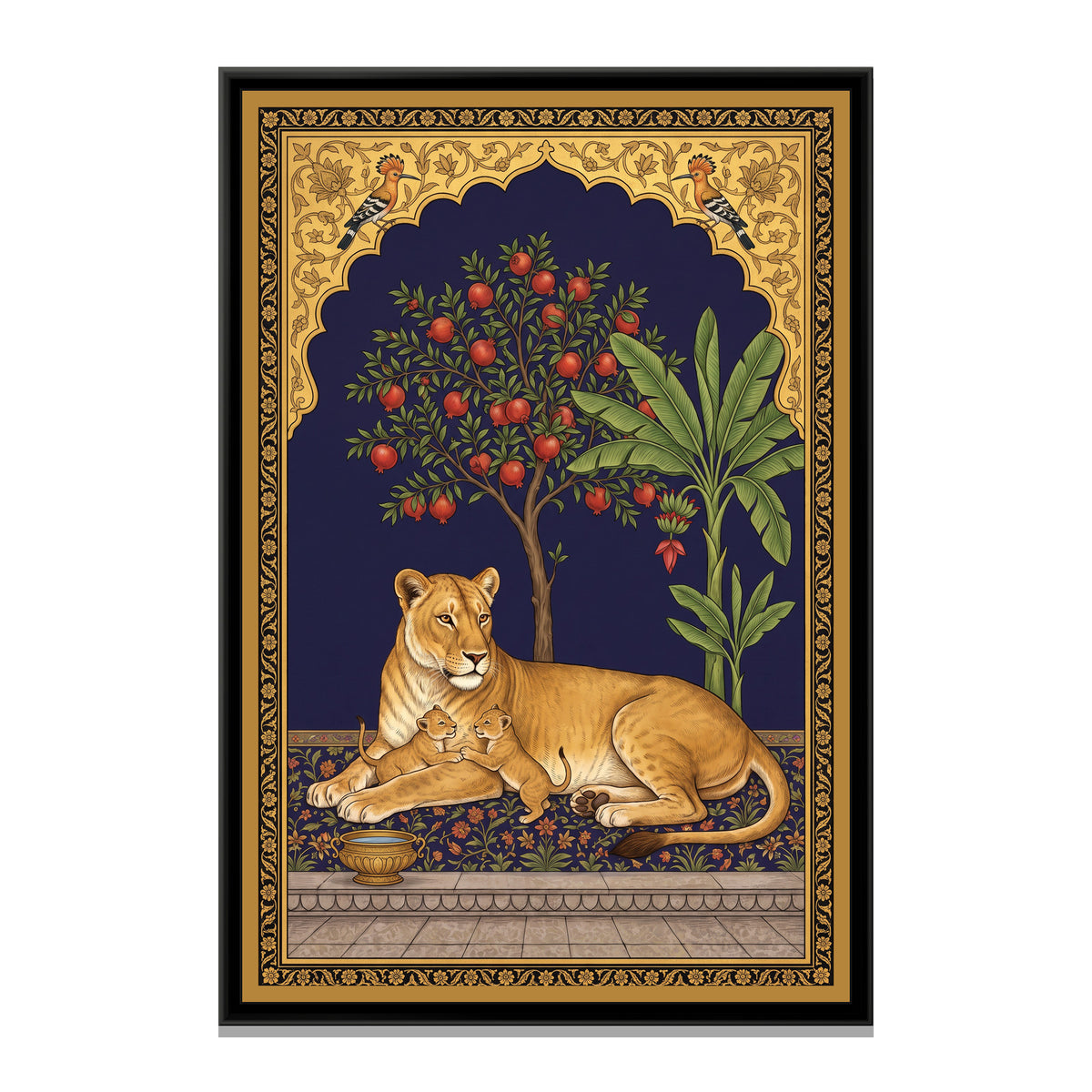 Lioness and Cub under a Pomegranate Arch in Deep Indigo - framed canvas print, front view