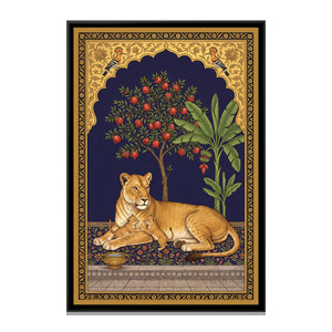 View 2 of Lioness and Cub under a Pomegranate Arch in Deep Indigo