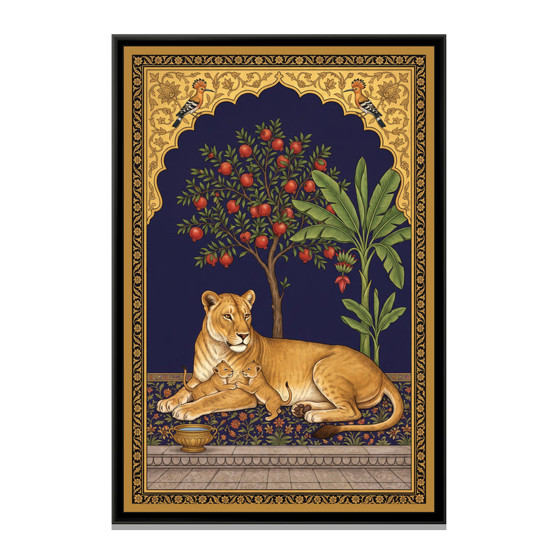 Lioness and Cub under a Pomegranate Arch in Deep Indigo - framed canvas print, front view