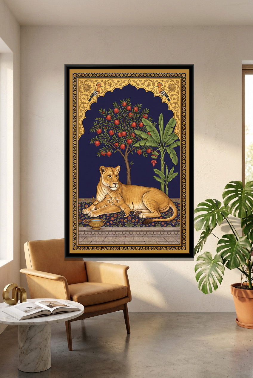 Lioness and Cub under a Pomegranate Arch in Deep Indigo - canvas art shown in a styled room