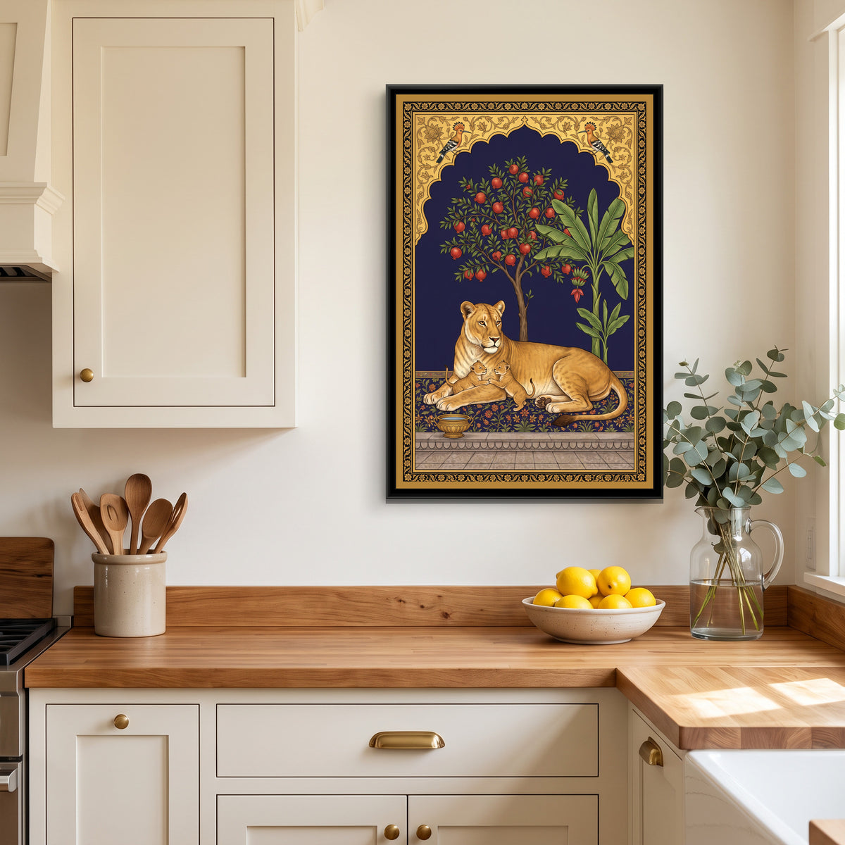 Lioness and Cub under a Pomegranate Arch in Deep Indigo - canvas art shown in a second room setting