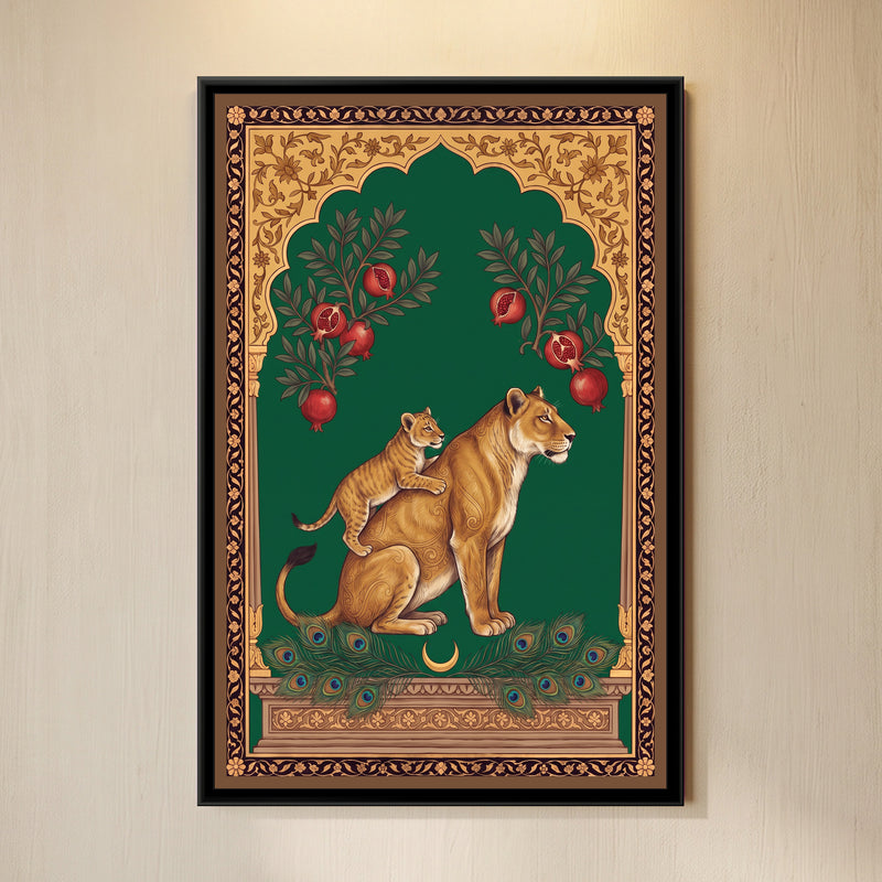 Lioness and Cub under a Pomegranate Arch in Deep Emerald - framed canvas art hung on a wall