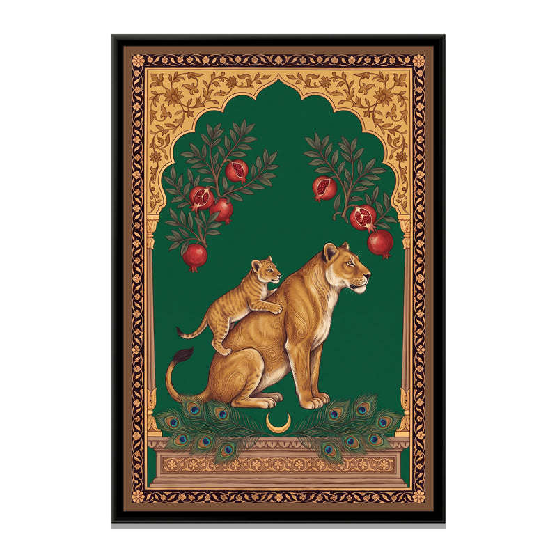 Lioness and Cub under a Pomegranate Arch in Deep Emerald - framed canvas print, front view
