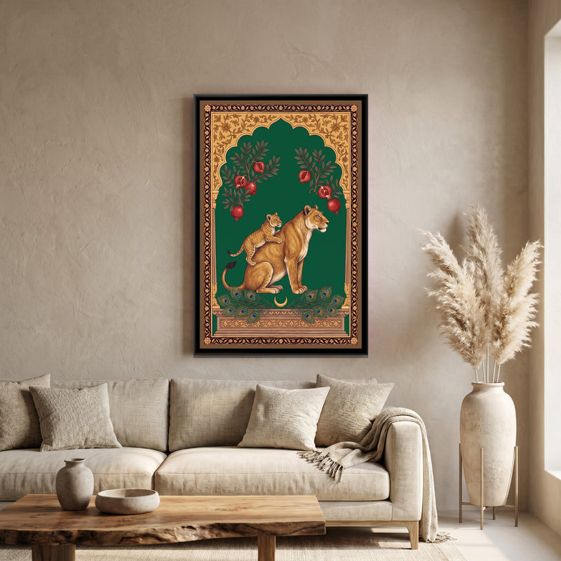 Lioness and Cub under a Pomegranate Arch in Deep Emerald - canvas art shown in a styled room