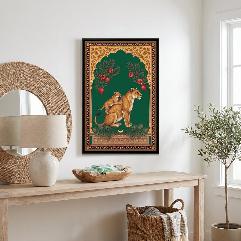 Lioness and Cub under a Pomegranate Arch in Deep Emerald - canvas art shown in a second room setting