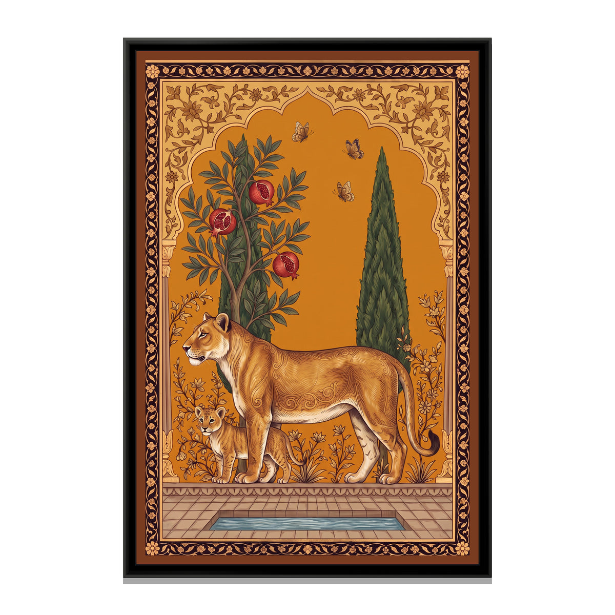 Lioness and Cub under a Pomegranate Arch in Saffron - framed canvas print, front view