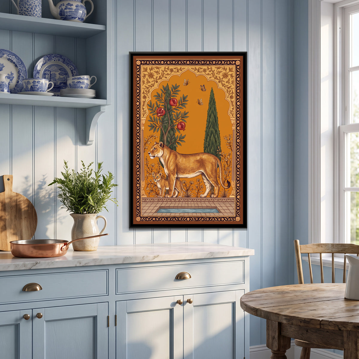 Lioness and Cub under a Pomegranate Arch in Saffron - canvas art shown in a second room setting