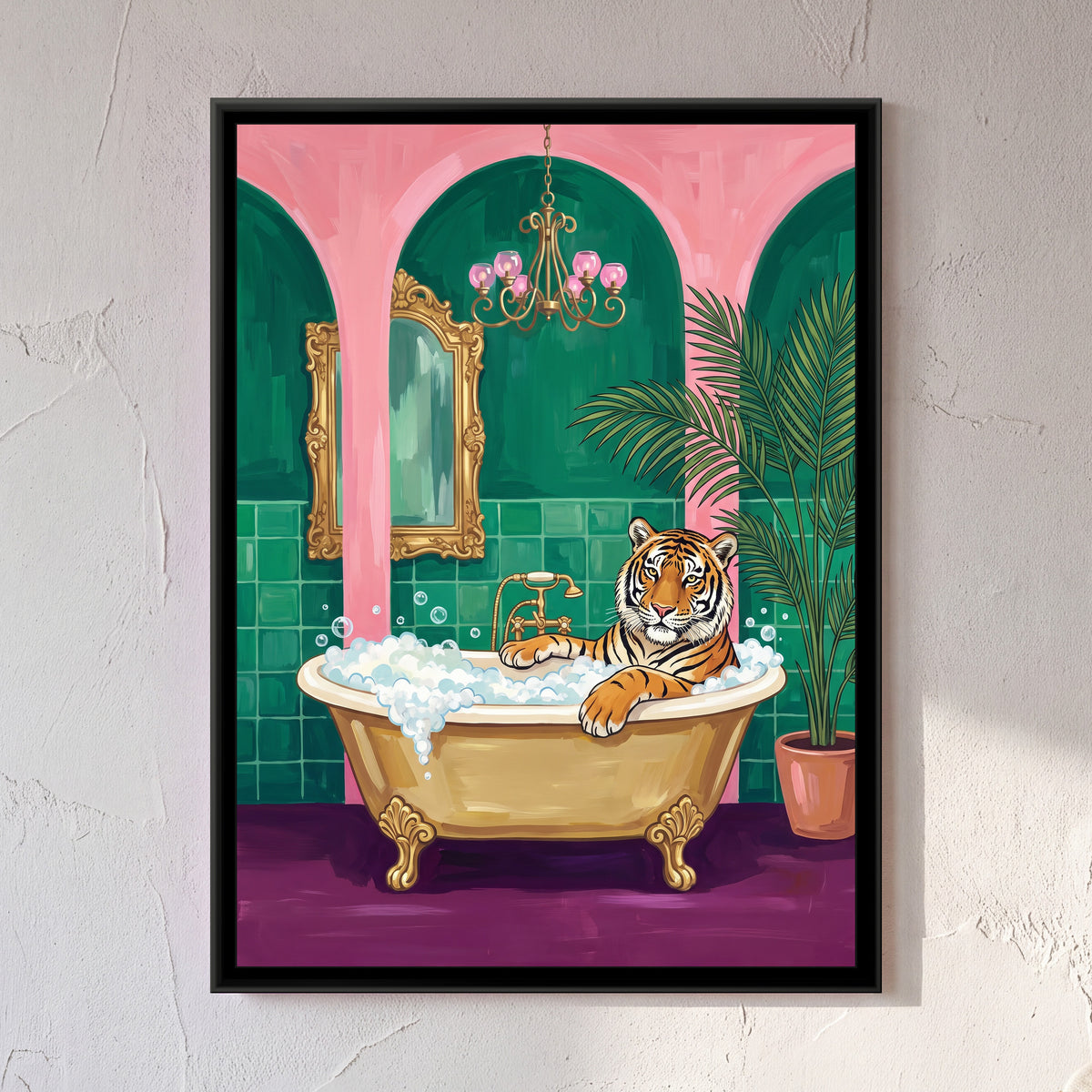 Tiger in a Clawfoot Bath - framed canvas art hung on a wall