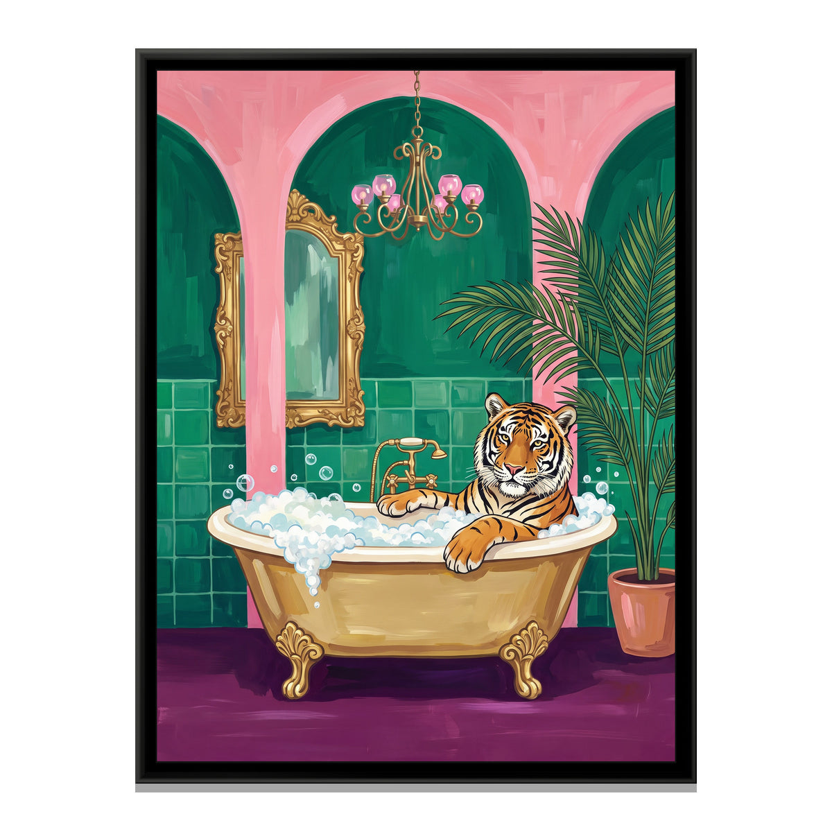 Tiger in a Clawfoot Bath - framed canvas print, front view