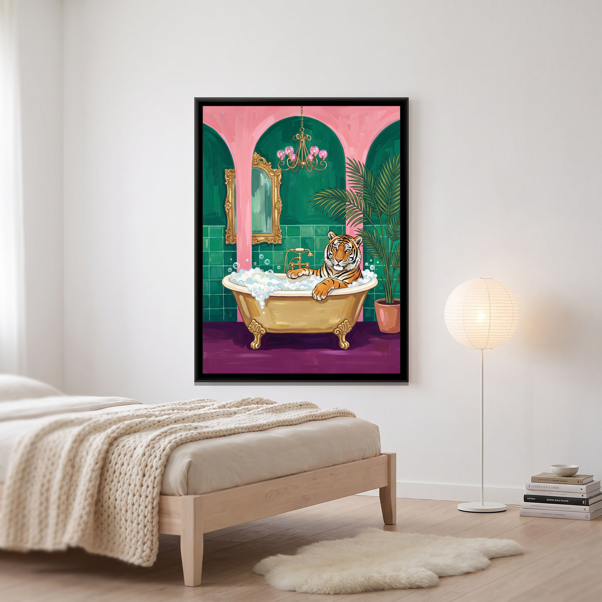 Tiger in a Clawfoot Bath - canvas art shown in a styled room