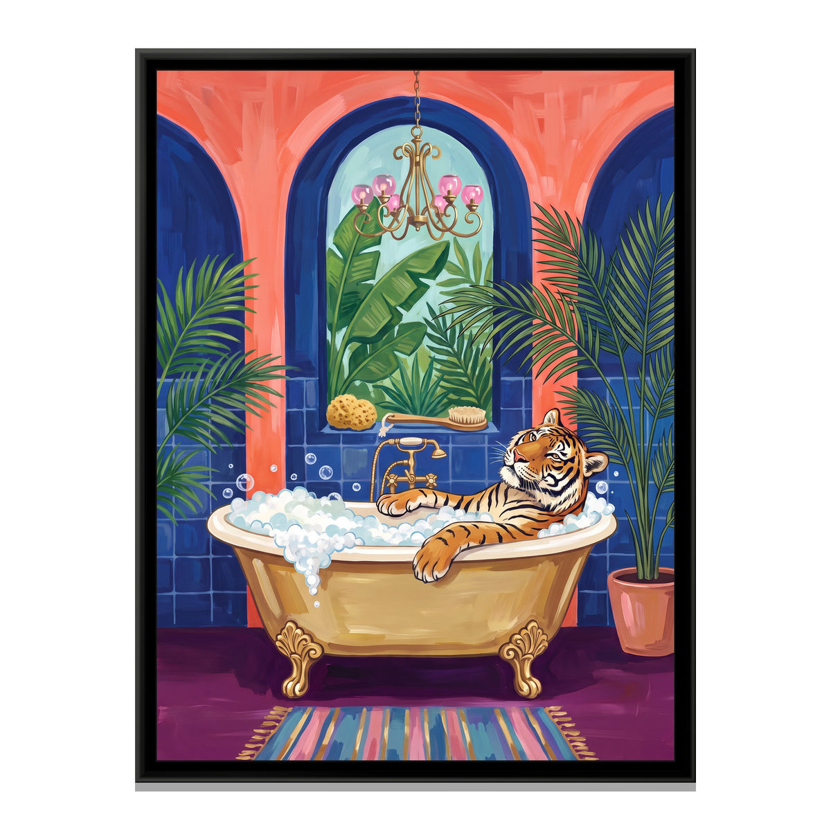 Tiger in a Clawfoot Bath in Cobalt and Coral - framed canvas print, front view