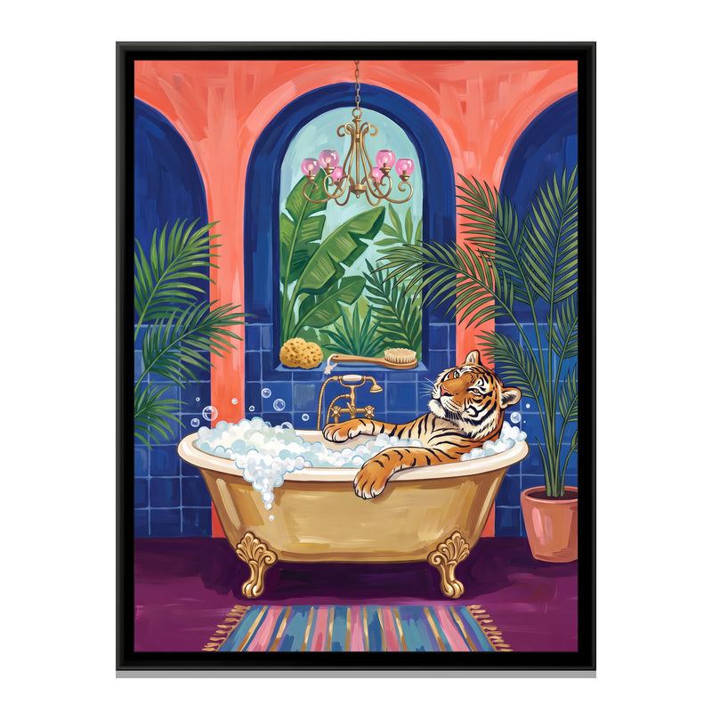 Tiger in a Clawfoot Bath in Cobalt and Coral - framed canvas print, front view