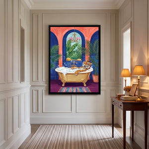 View 4 of Tiger in a Clawfoot Bath in Cobalt and Coral