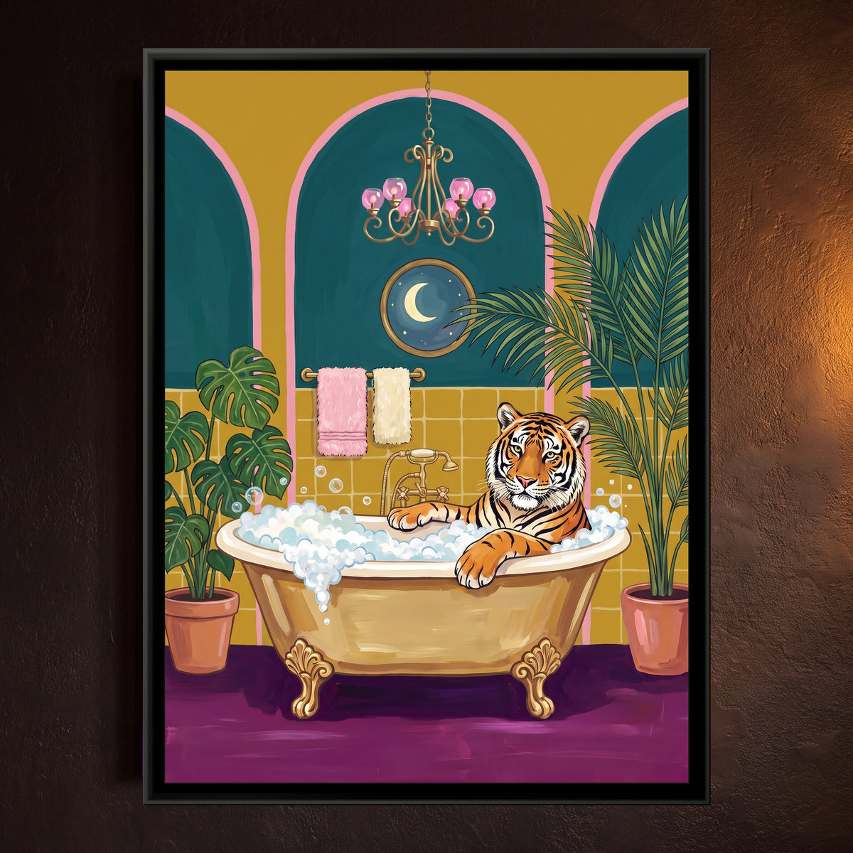 Tiger in a Clawfoot Bath in Mustard and Teal - framed canvas art hung on a wall