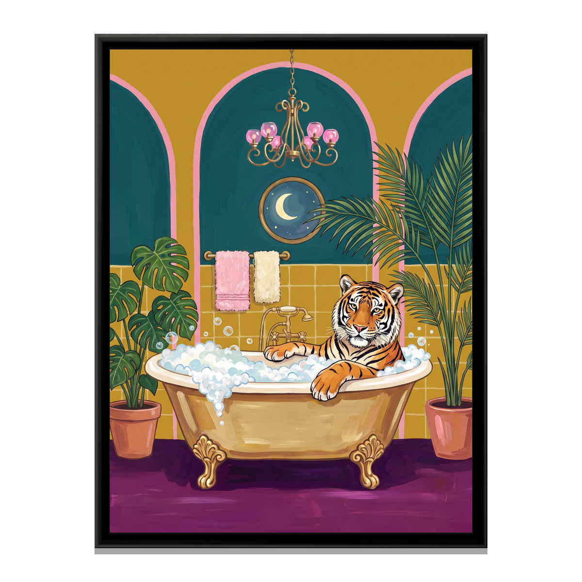 Tiger in a Clawfoot Bath in Mustard and Teal - framed canvas print, front view