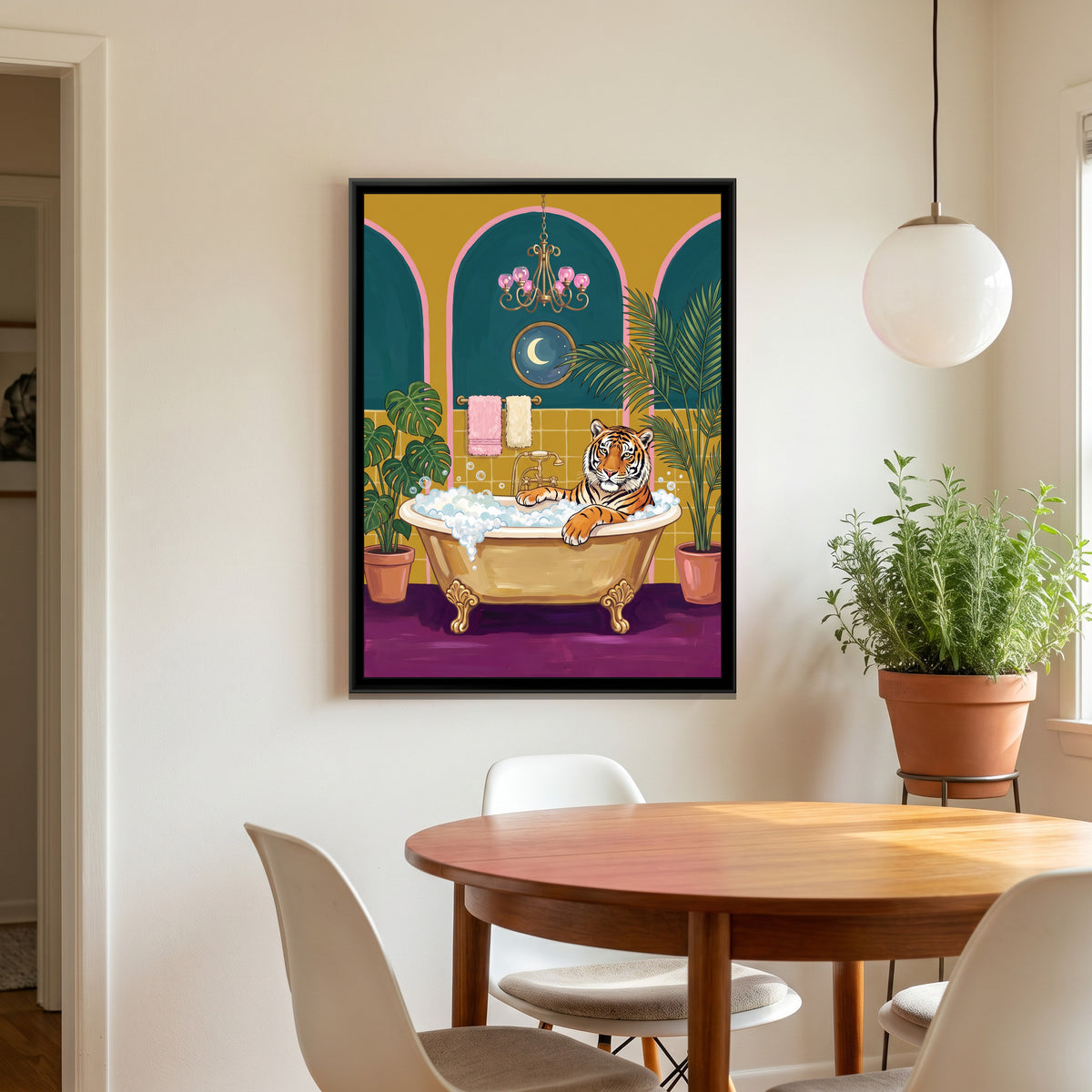 Tiger in a Clawfoot Bath in Mustard and Teal - canvas art shown in a second room setting