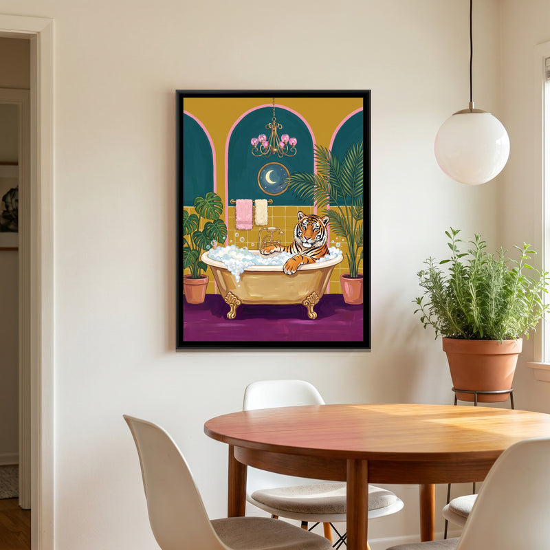 Tiger in a Clawfoot Bath in Mustard and Teal - canvas art shown in a second room setting