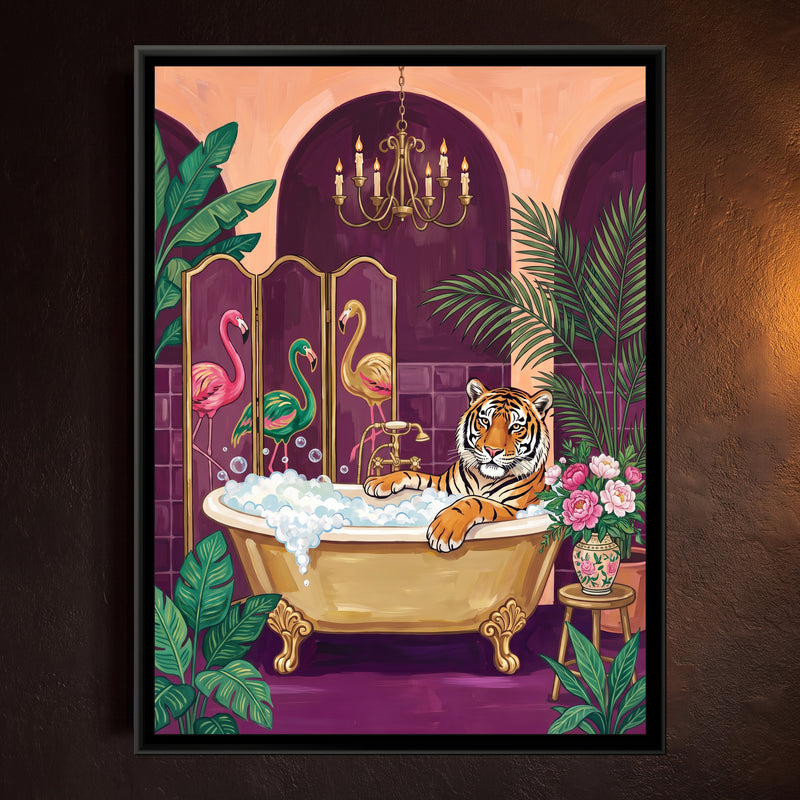 Tiger in a Clawfoot Bath in Plum and Peach - framed canvas art hung on a wall
