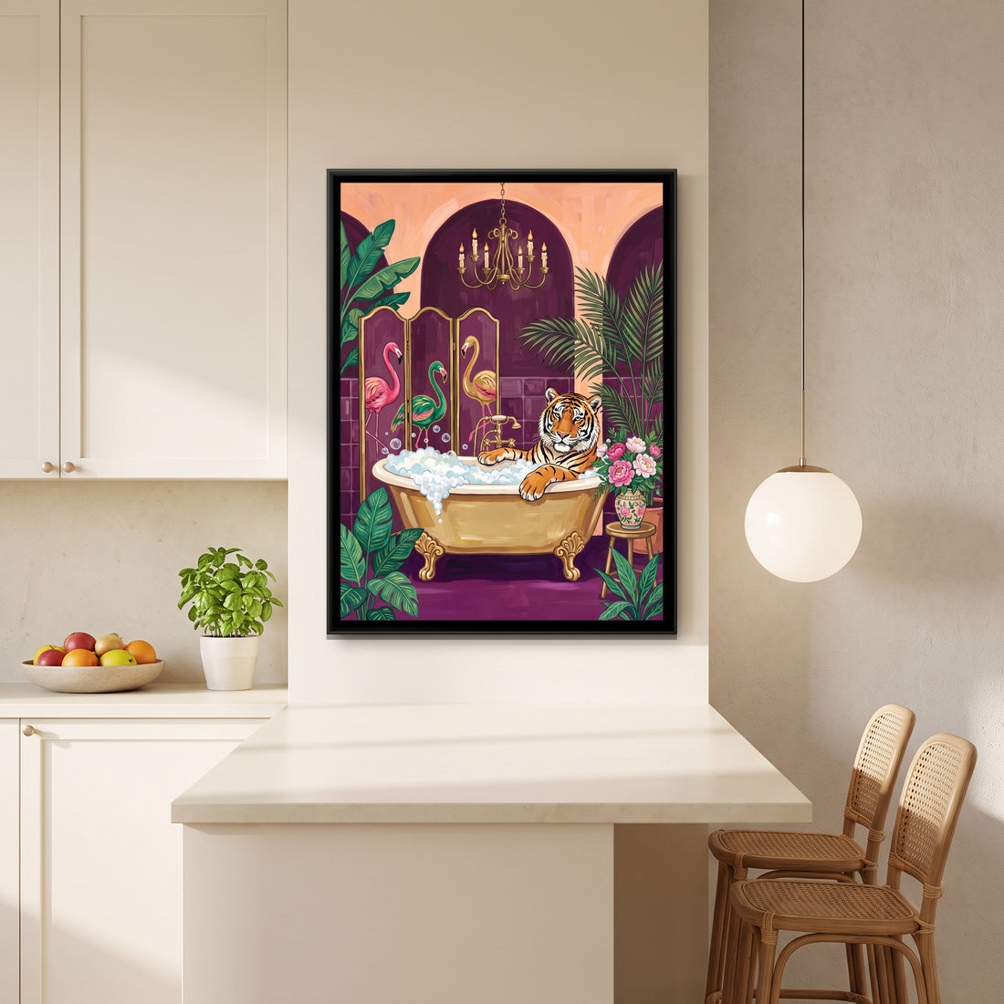 A Kolorkaari canvas in a floater frame, in a room