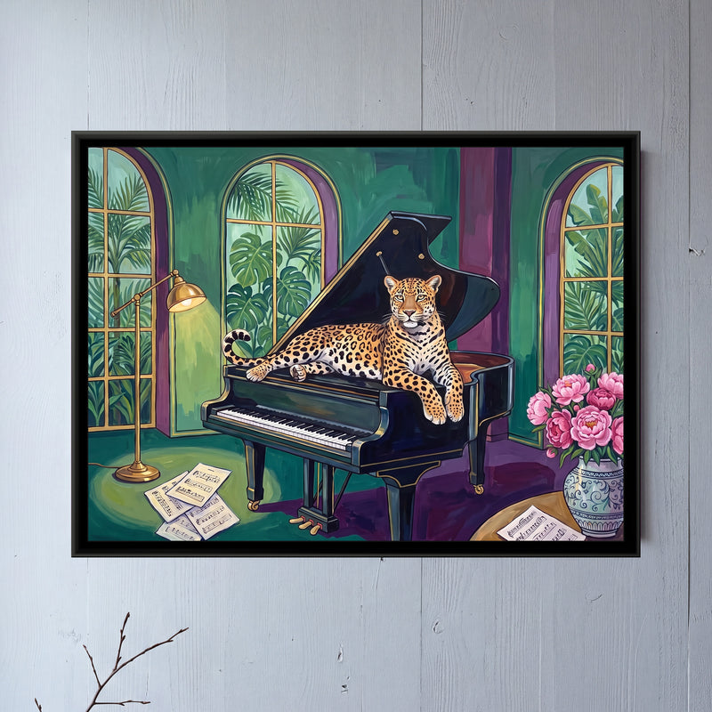 Leopard on a Grand Piano - framed canvas art hung on a wall